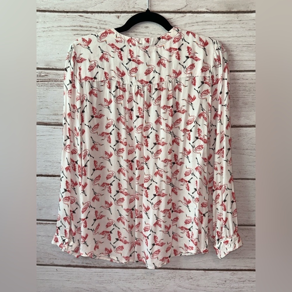 My Danielle White & Red Bird Print Blouse - Size L Lightweight Crane Office - Picture 3 of 8